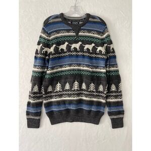 Chaps Mens Fair Isle Dog Pine Tree Sweater Grey Blue Cotton Blend Small Preppy